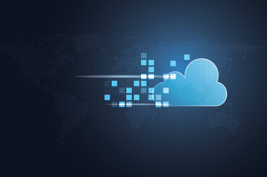 Futuristic blue cloud with pixel digital transformation abstract new technology background. Artificial intelligence and big data concept. Business industry 4.0 and 5g wifi data storage communication.