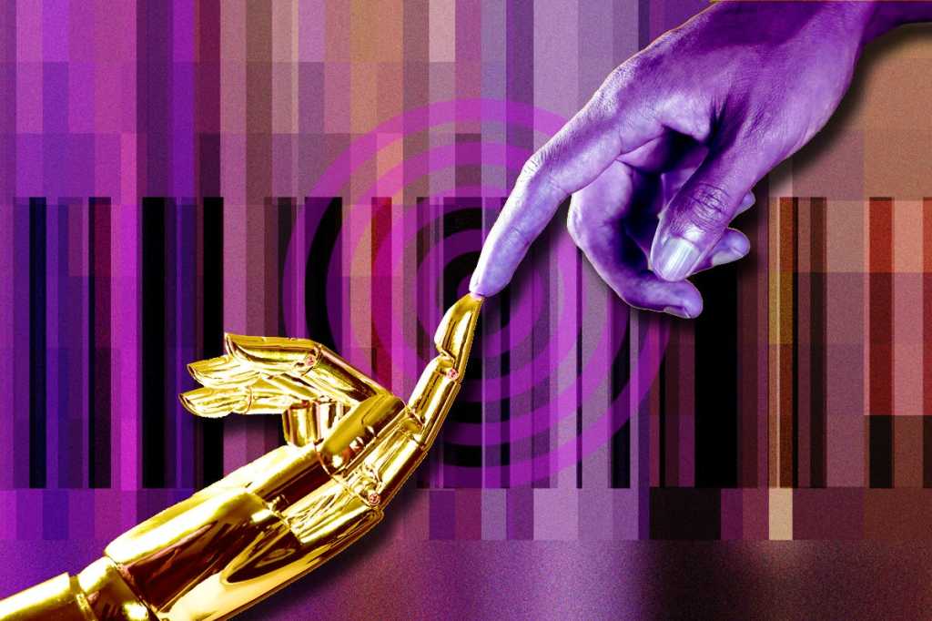ai vendor relationship management bar code purple artificial intelligence hand on virtual screen
