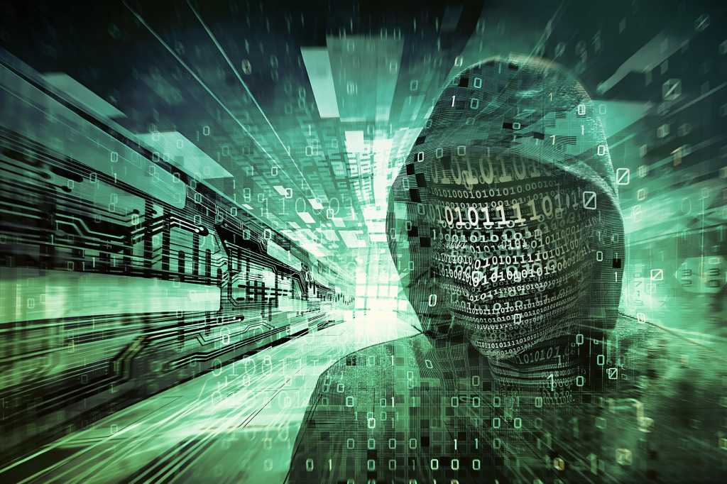 An anonymous hooded figure consisting of binary code stands in a virtual corridor of circuits.
