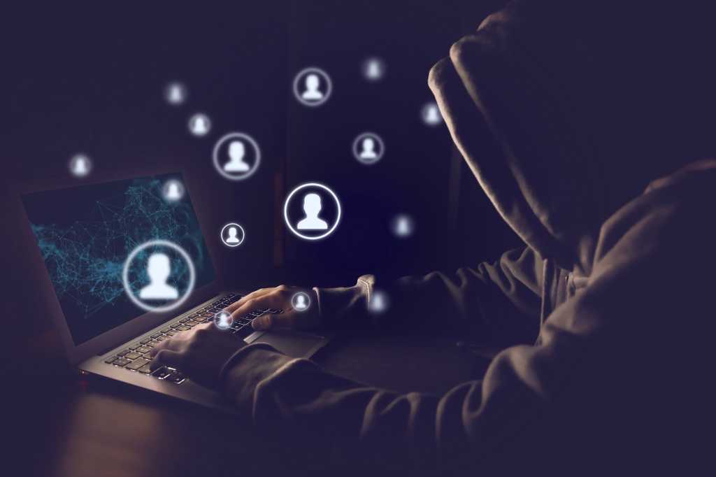 An anonymous hooded laptop user accesses social networks. [avatars / identity / phishing / hacking]