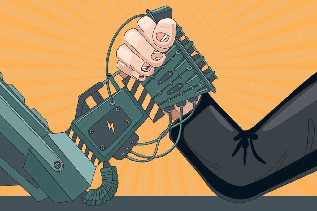 arm wrestling robot against man battle fight artificial intelligence