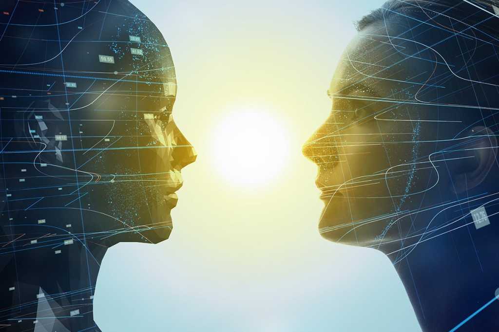 human and digital profiles face each other, each containing a digital world