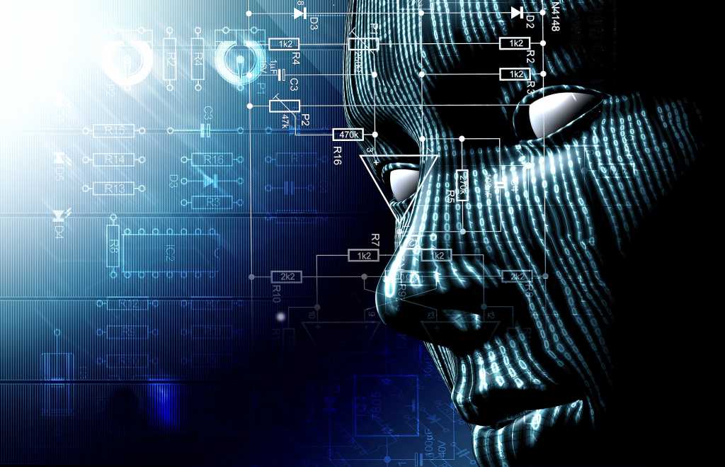 A virtual face, constructed of binary code.