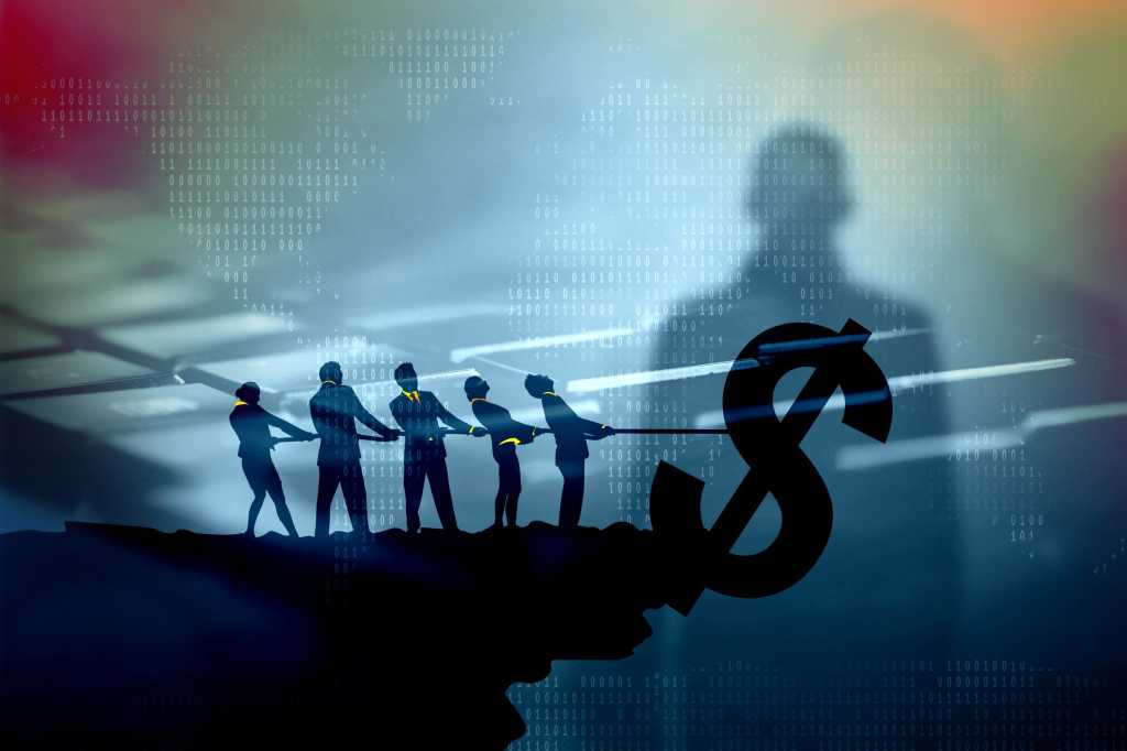 Asset-recovery team pulls dollar sign back from over the edge of a cliff; hacker/keyboard background