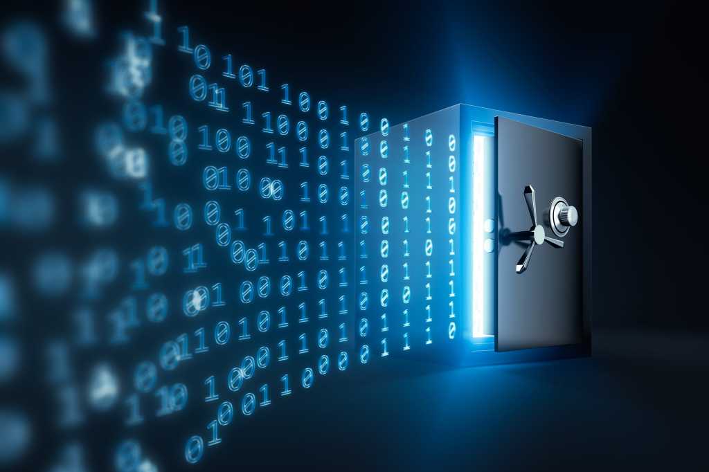 Binary code data flows through the cracked seal of a vault.