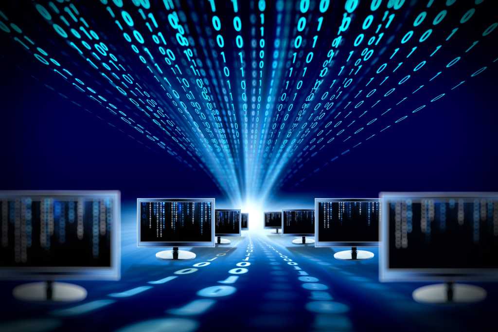 Binary stream passing over rows of monitors, each also displaying binary streams.
