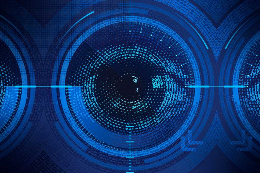 A binary eye sits within the center of a targeted virtual framework.