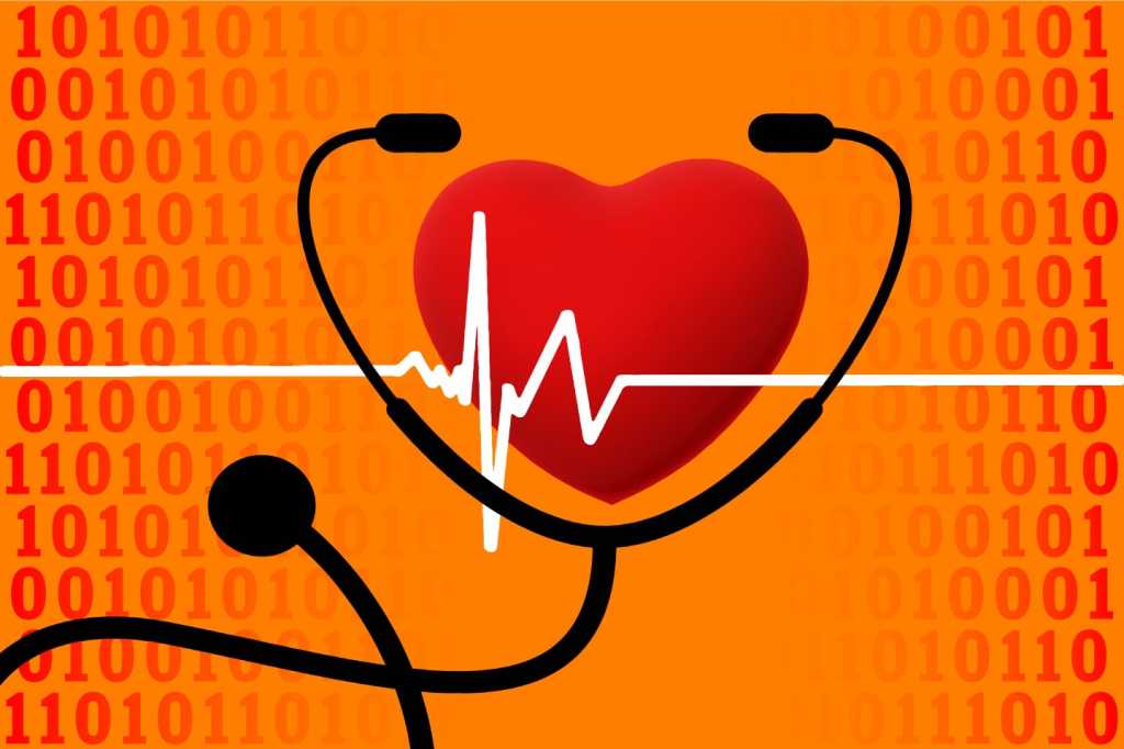 IT Healthcare - heartbeat EKG and stethoscope in a binary environment