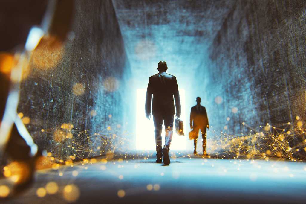 Businessmen on a network/data path walking towards light at the end of the tunnel.