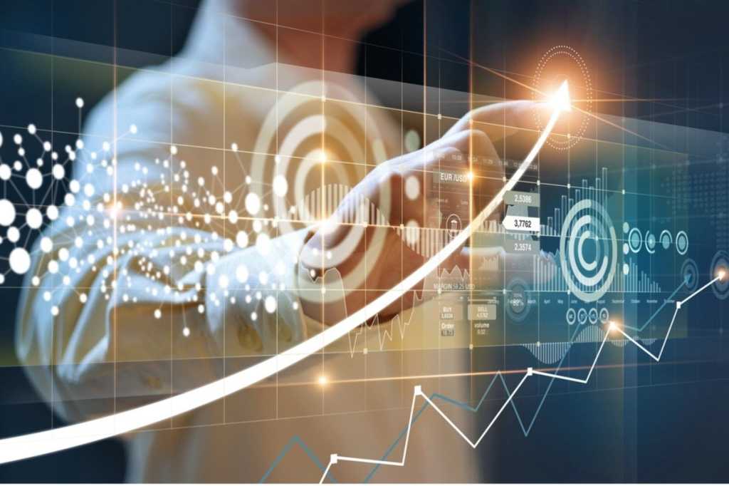 businessmen point to arrows and business growth graphs on a modern picture id1250152599
