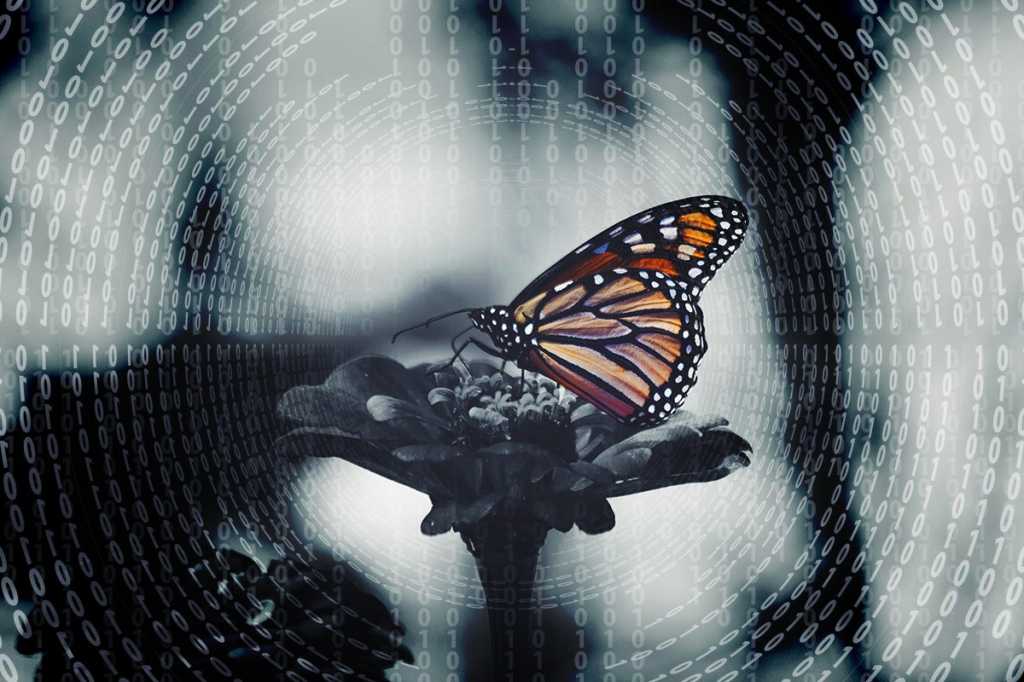 digital transformation / butterfly in an abstract digital environment