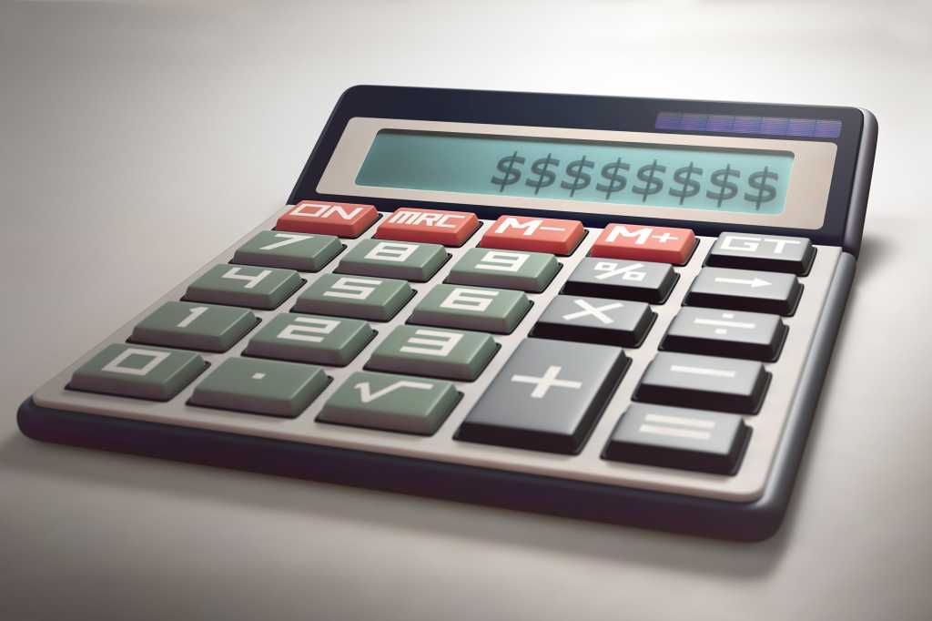 A calculator displays dollar signs.