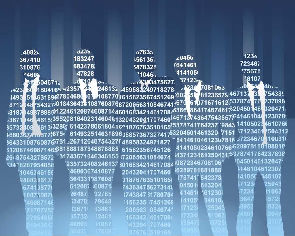 five men in suits standing in row with overlapping binary numbers