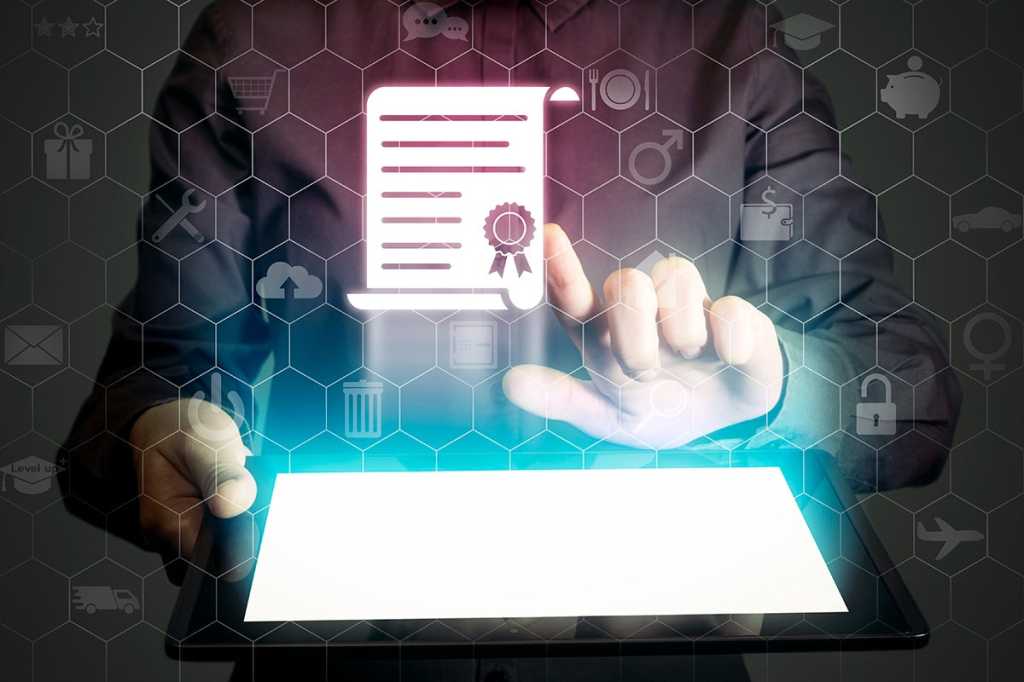 Certification / A woman accesses a certificate/degree icon within a grid of technology symbols.