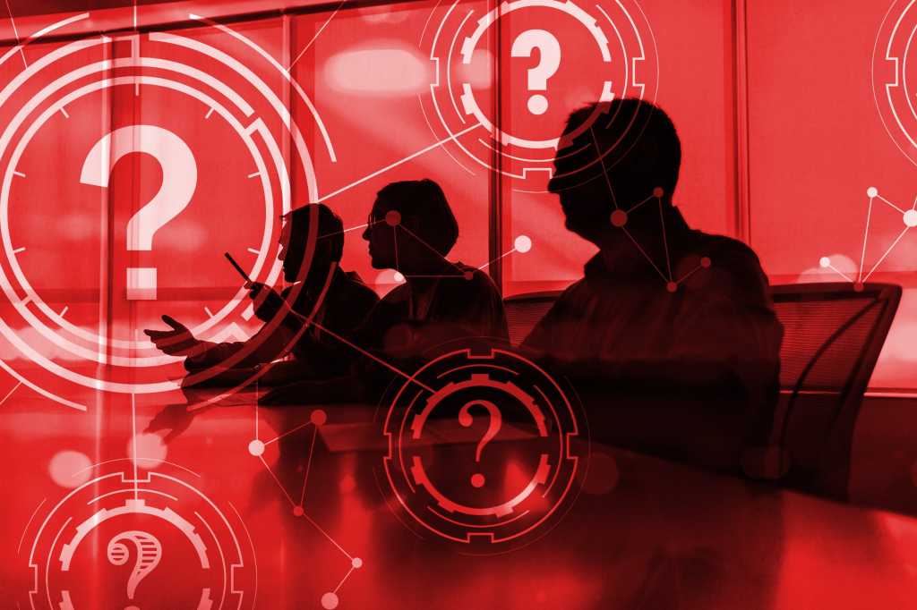A group of business leaders / board members surrounded by question marks.