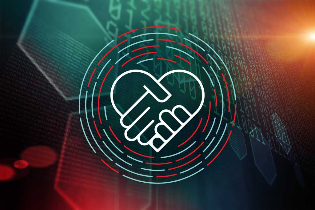 Hands clasped in a heart shape against a background of abstract data / collaboration / empathy
