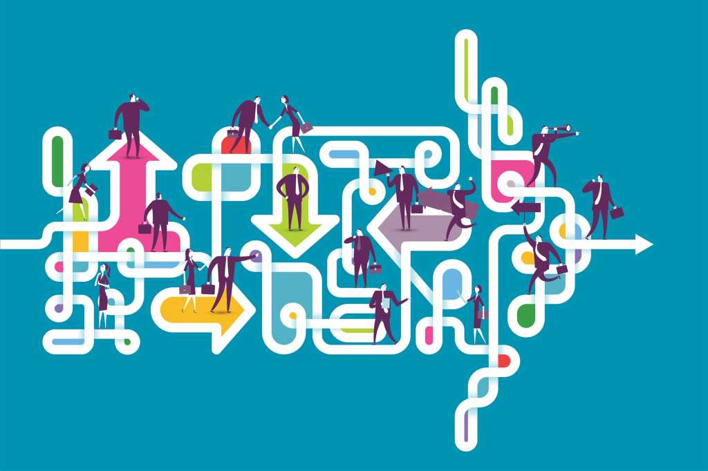 Illustration with business men and women surronded by arrows [movement, time, direction]