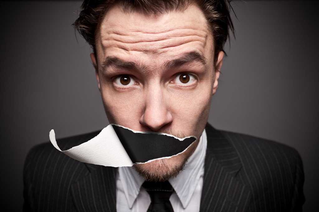 Conceptual images of a man with a torn-paper effect obscuring his mouth.
