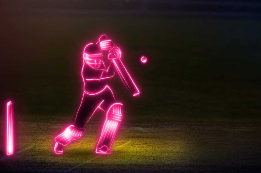 Cricket batsman playing neon light on dark background