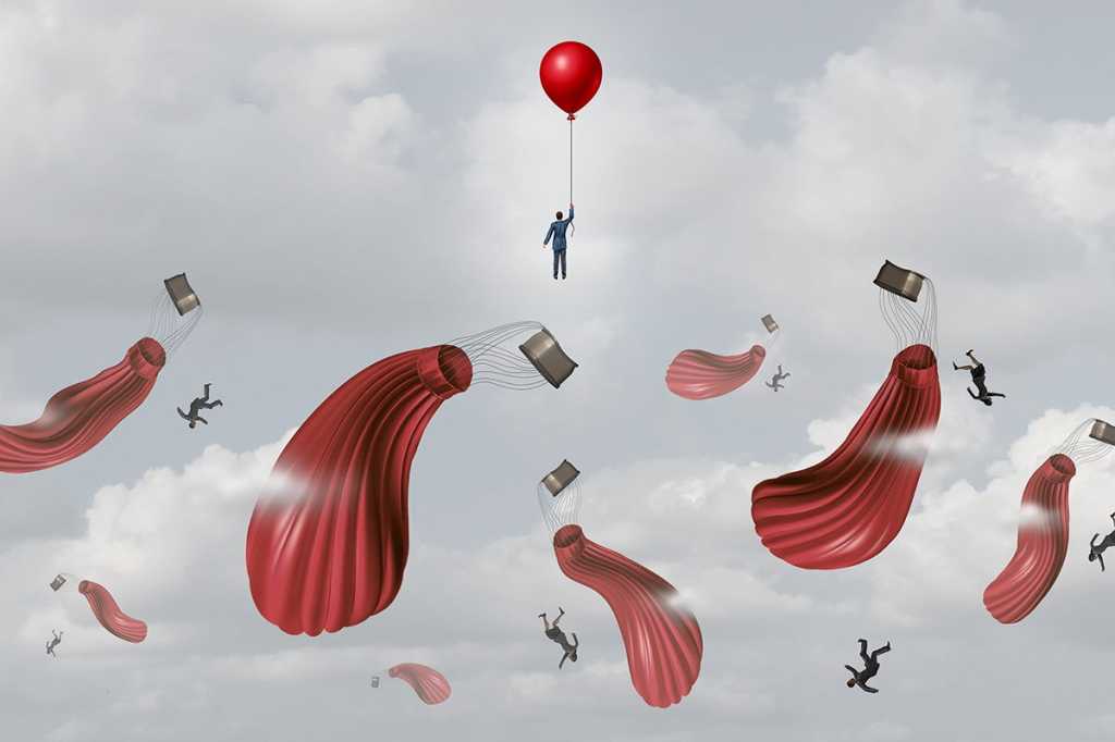 one businessman floats above a crowd of struggling/failing ballonists