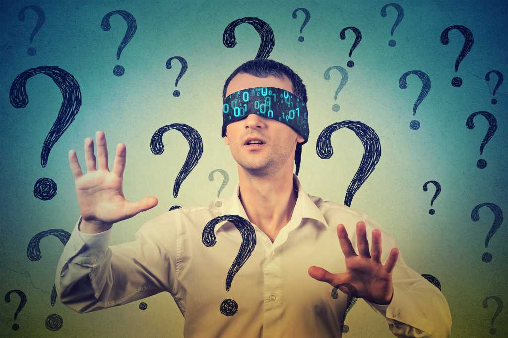 Cybersecurity awareness > A man with a binary blindfold finds his way through question marks.