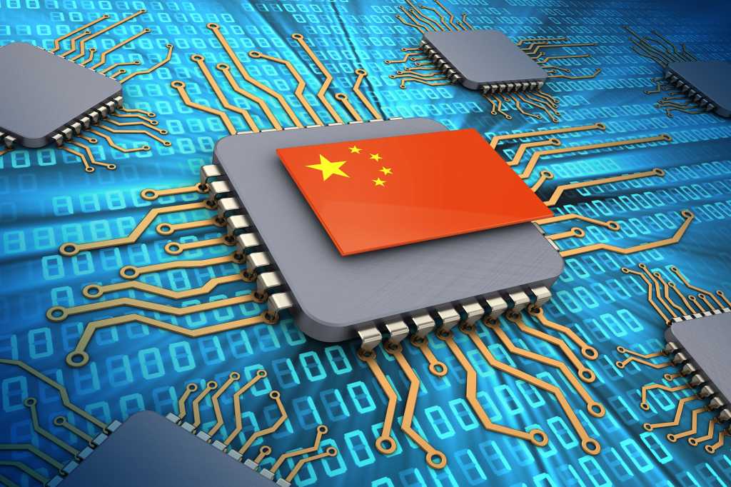 flag of china / computer chip / circuit board / binary code / data