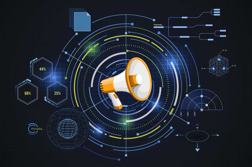 A megaphone at the center of a virtual strategy framework.
