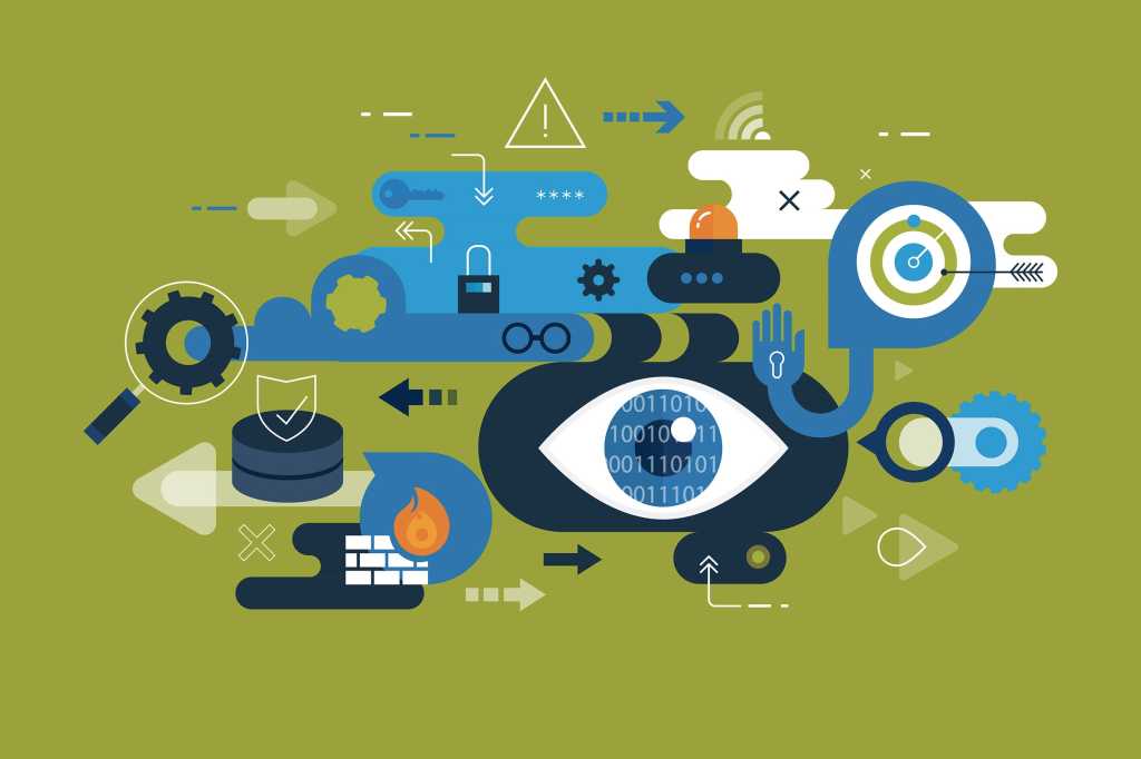security posture / cybersecurity landscape / binary eye / locks / keyholes / firewall / gears