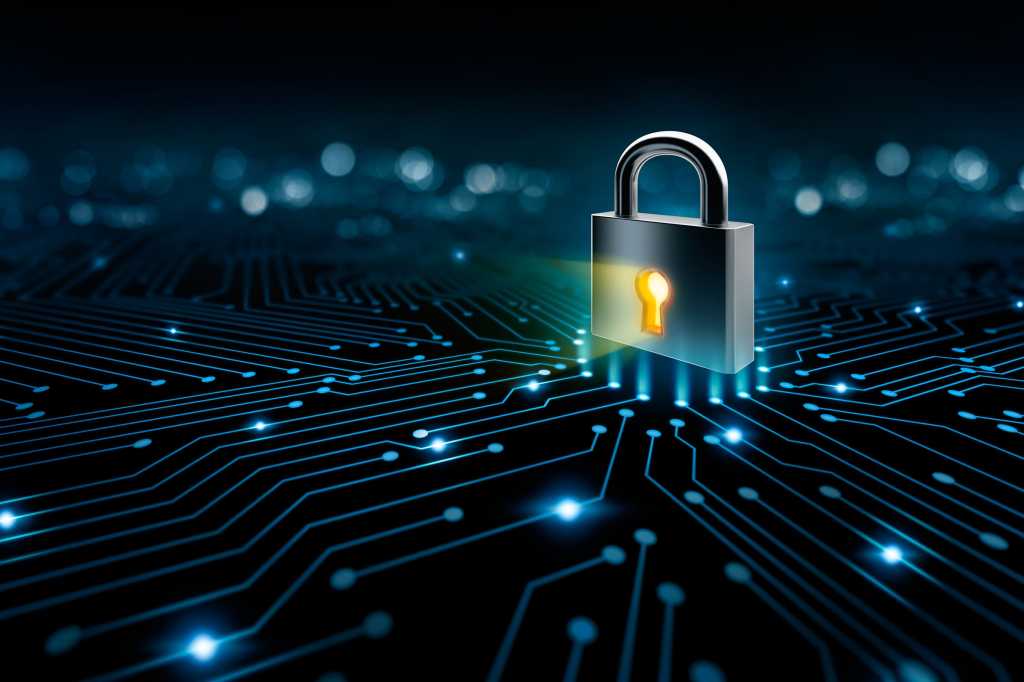 Cybersecurity lock with the abstract circuitry of a security fabric.
