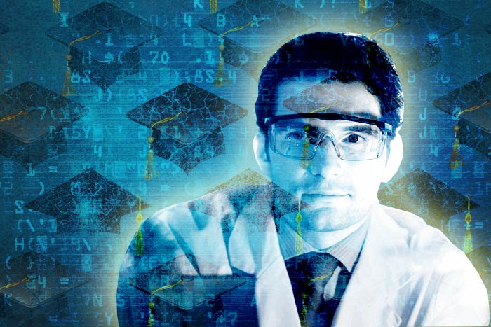 data science certification scientist with mortar boards in background
