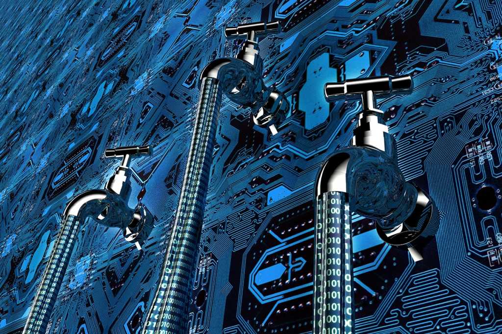 open faucets leaking binary streams of data