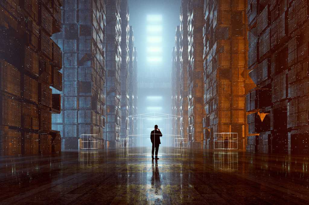 Scattered business people in personal wireframe spaces within a massive data repository.
