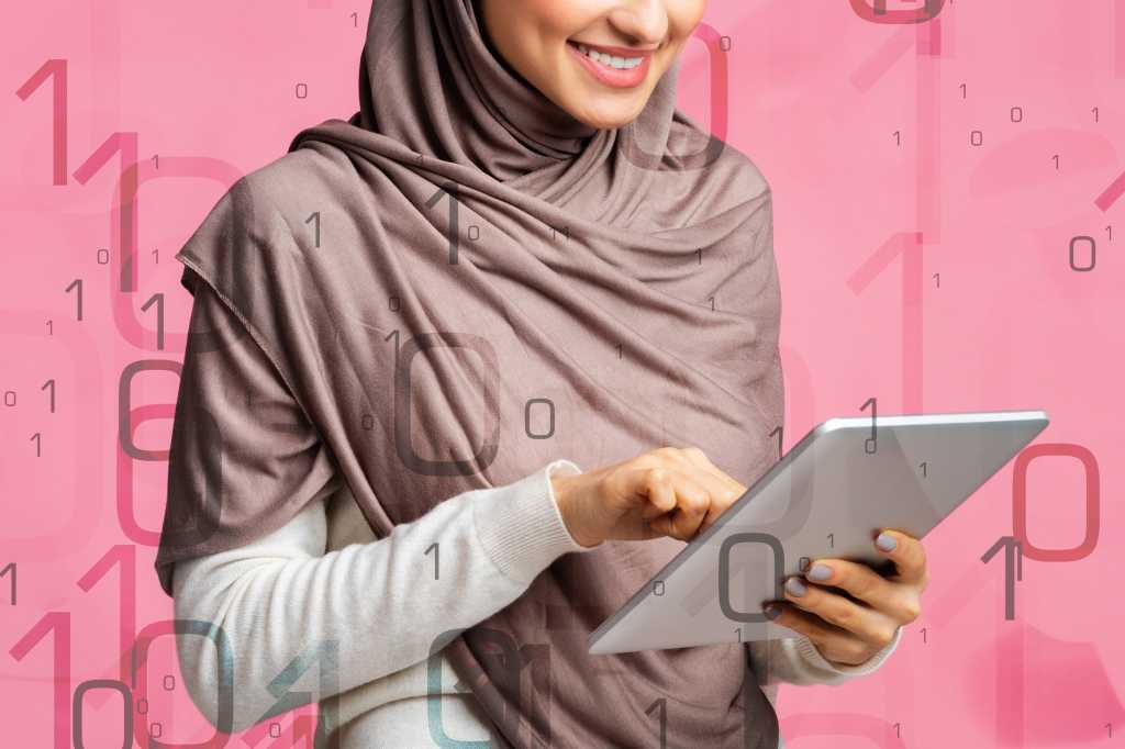 diversity gender equality arabic woman in hijab with tablet middle east uae saudi arabia by prostoc