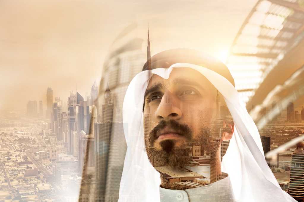 diversity saudi arabia middle east uae leadership businessman superimposed on abstract city by leop