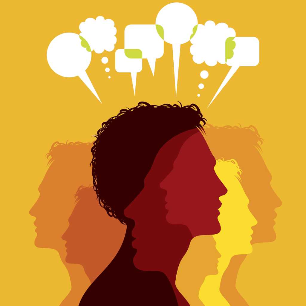 faces with speech balloons floating above