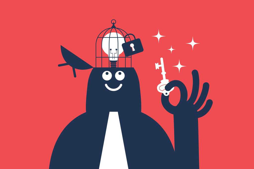 A businessman holds a key, his open flip-top head exposing a light bulb in birdcage.