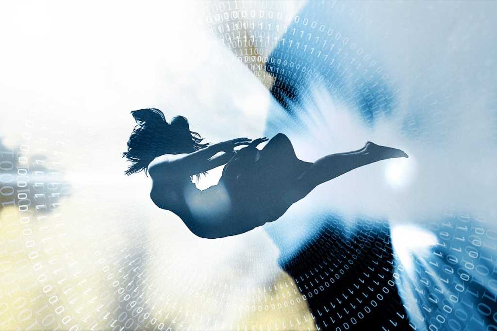 Digital Transformation / Conceptual abstract of a woman making a leap of faith in a binary world.