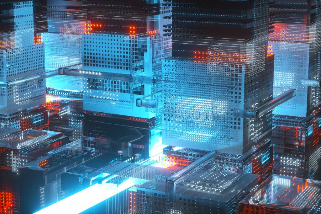 A futuristic city of networked digital structures.
