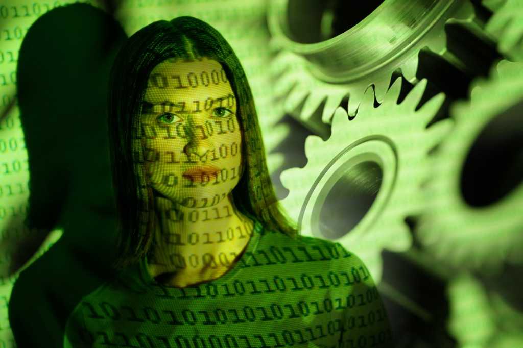 gears automation robotics ai machine learning woman with binary code
