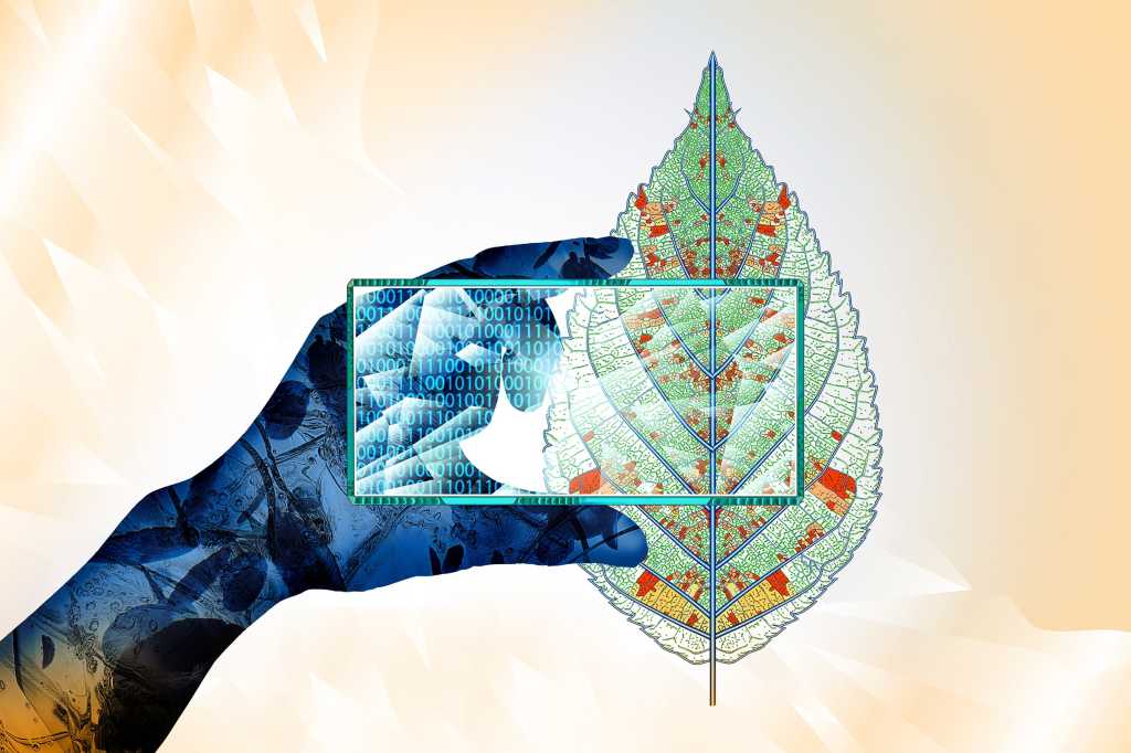 A gloved hand examines conceptual damage to the structure of a leaf through a binary lens.