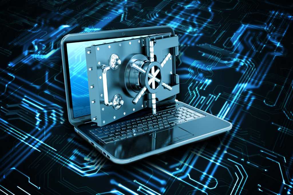 A heavy vault-like door / security mechanism secures a laptop amid glowing blue circuits.