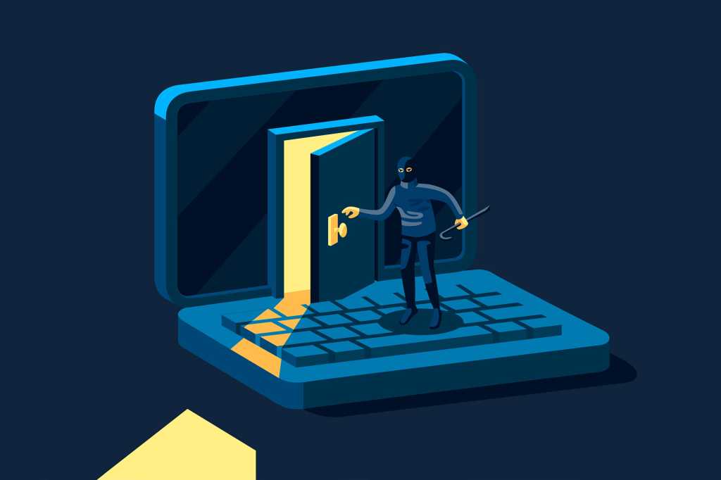 Security threat [illustration]  >  A hacker with black hat, mask, and crowbar breaks into a laptop.