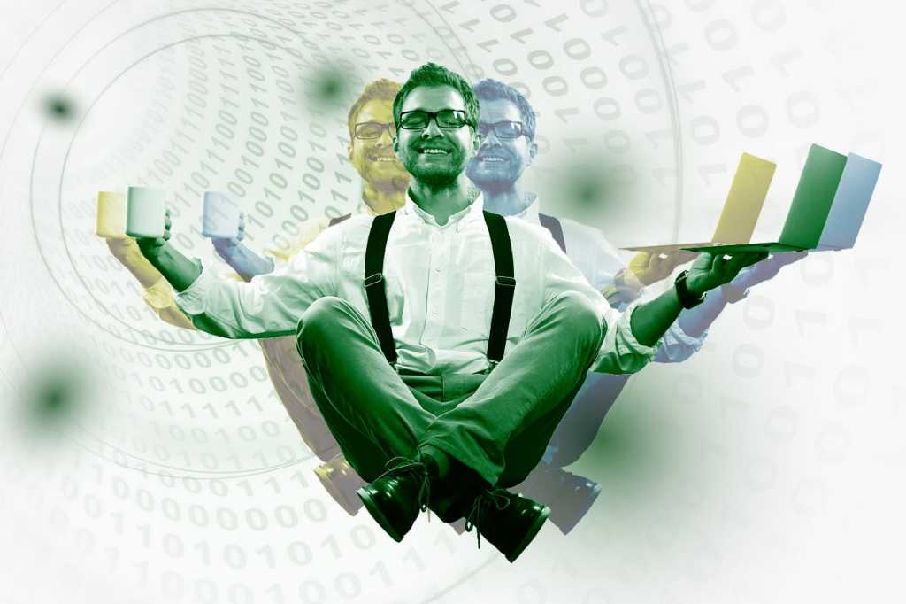 happy employee retention floating man with laptop and coffee zen meditation by dorian2013 getty