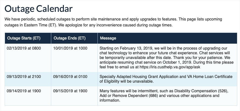 Outage calender