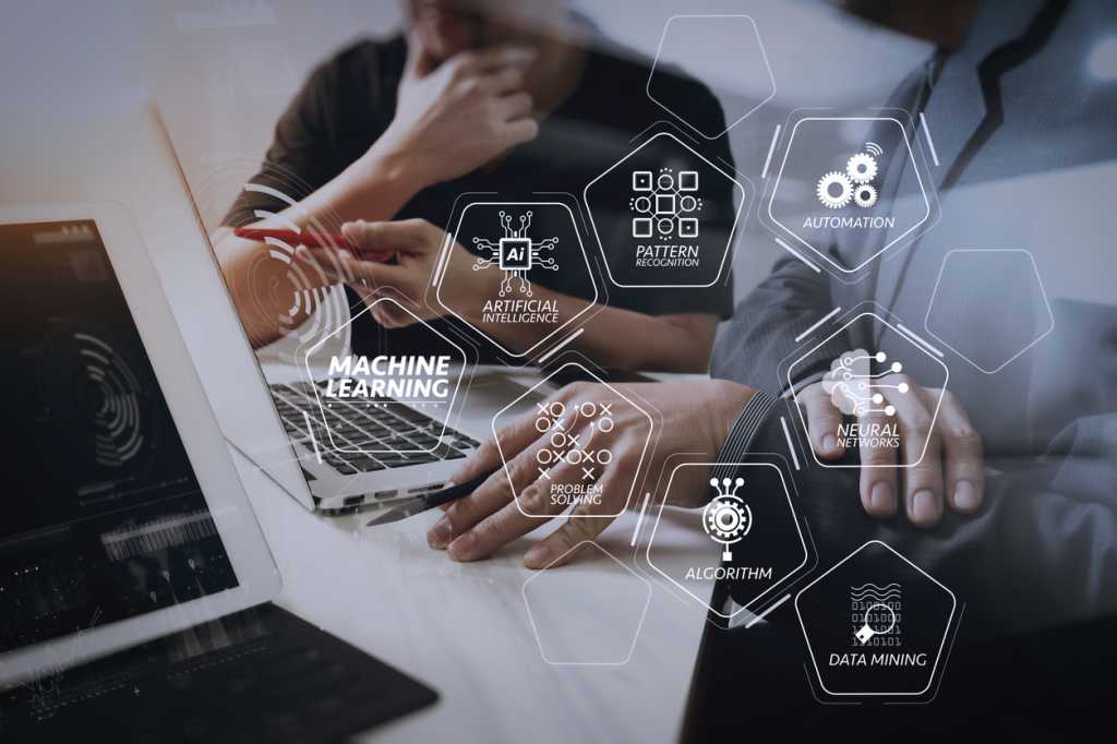 Machine learning technology diagram with artificial intelligence (AI),neural network,automation,data mining in VR screen.Business team meeting