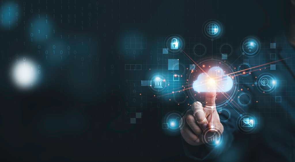 Hand touching infographic cloud computing and technology icons , cloud technology is centralise collect lifestyle and confidential information such as internet banking , password and shopping