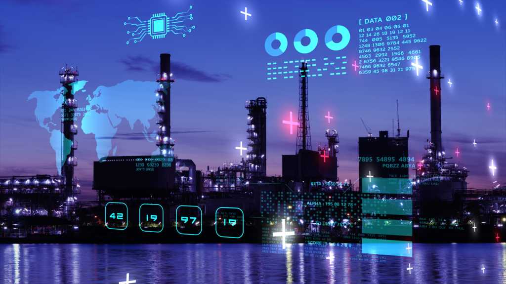 Smart city power energy industry sustainable oil gas plant control IOT internet of thing ICT digital technology futuristic, automation management smart digital technology security and database stock photo