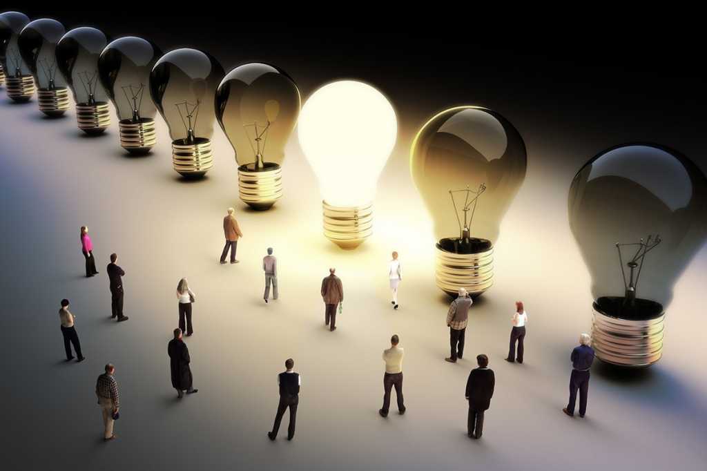 tiny figures move toward a giant lit bulb amid a line of burned-out lightbulbs
