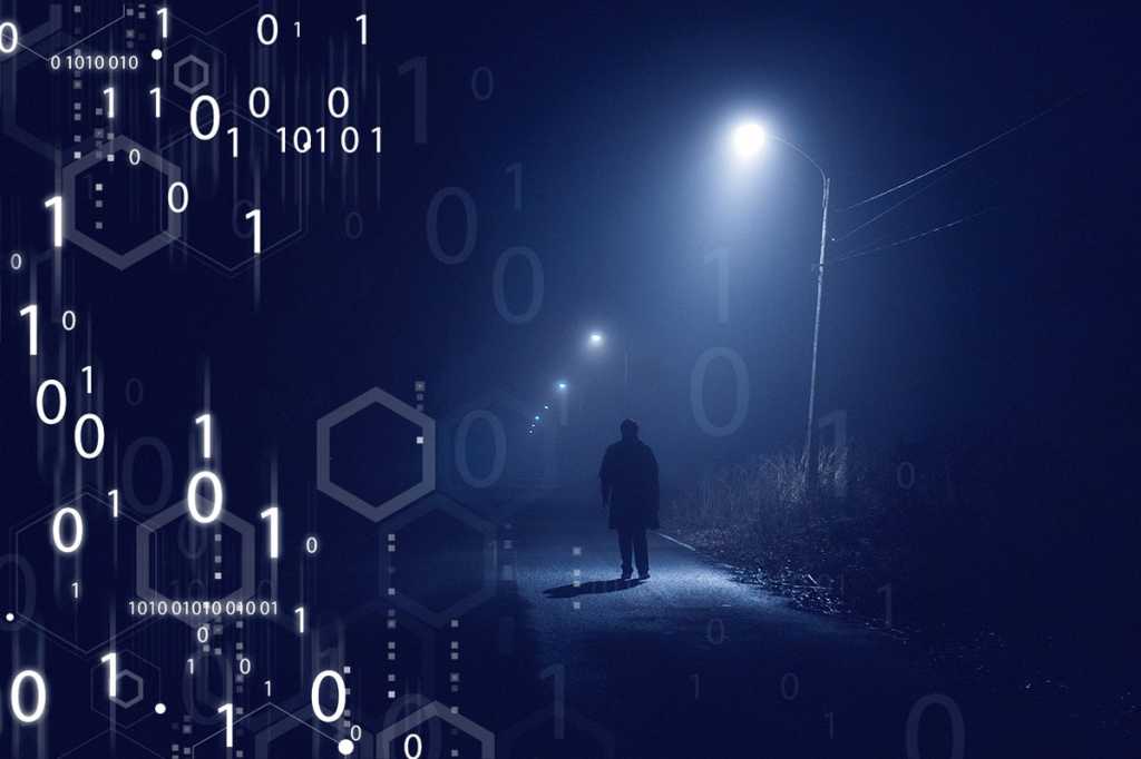 alone at night along a dimly lit path / security / suspicious / threat / hacker