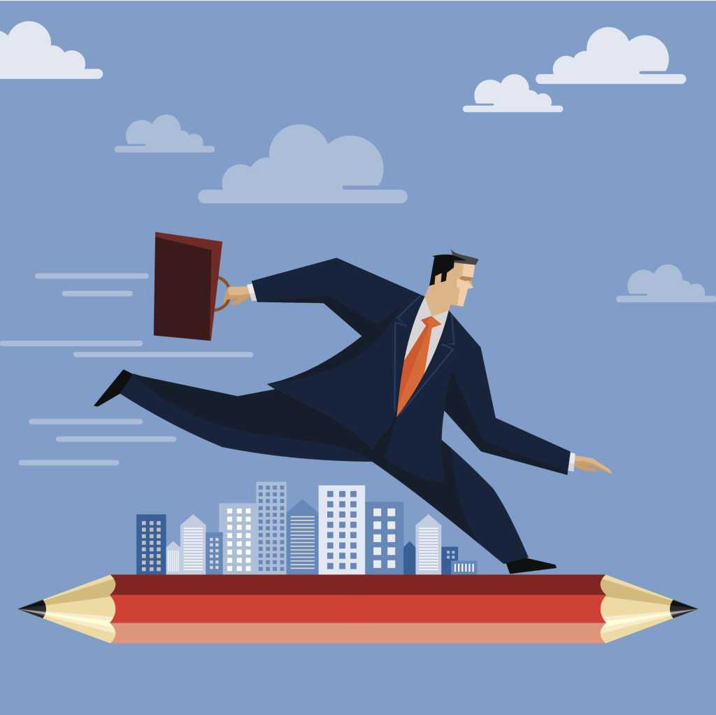 Illustration of man in blue suit riding on a pencil leading